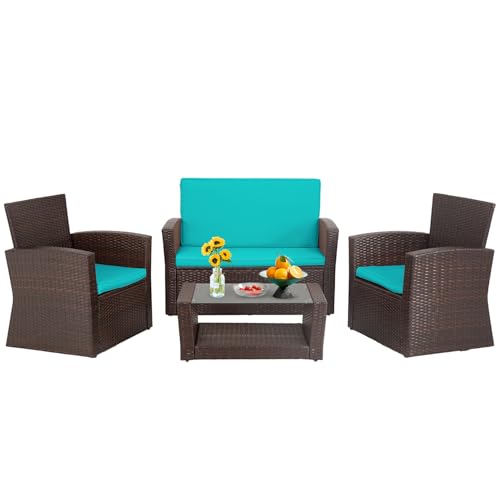 FDW 4 Piece Patio Furniture Sets, Wicker Conversation Set 4 All-Weather Outdoor Sectional Patio Sofa...