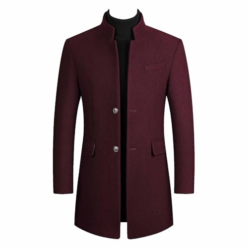 Mens Wool Blend Blazer Jacket Single Breasted Business Blazer Jacket Stand Collar Wool Blend Coat Wih Pockets, Wine5, XX-Large