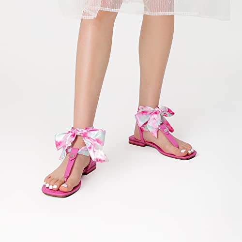 DREAM PAIRS DREAM PAIRS Women's T-Strap Thong Flat Sandals with Cute Square Toe Strappy for Summer,Size 5,Hot Pink,SDFS2301W