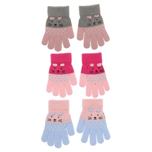 BESPORTBLE 3 Pairs Kids Winter Gloves Children Cute Cat Warm Gloves Full Finger Toddler Thermal Knitted Mittens For 3-7 Years Old Boys Girls Cold Weather
