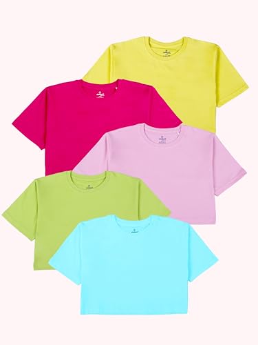 Image of KiddoPanti Girls 100% Cotton Solid Drop Shoulder Half Sleeve Round Neck Crop Tee