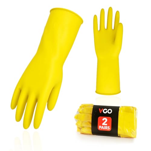 Vgo... 2Pairs Reusable Household Cleaning Gloves,Rubber Dishwashing gloves,Extra Thickness,Long Sleeves,Kitchen Cleaning/Working/Painting/Gardening/Pet Care(HH4601, Yellow, L, 2Pairs)