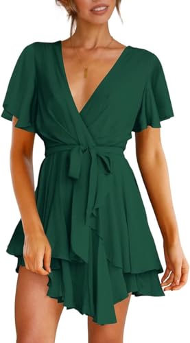 Image of TANMESSO Women's Deep V Neck Mini Skater Dress - Long Sleeve Waist Tie Ruffle Swing Dress (Green,L,L,Regular,Regular)