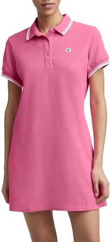 Champion Women's Off The Court Short Sleeve Polo Dress with Piping, Pink Cosmos, Medium