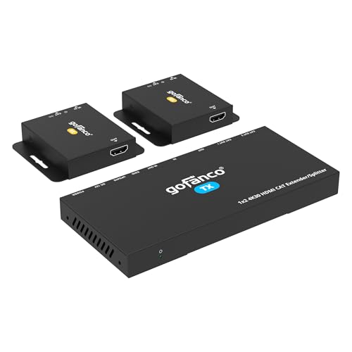 gofanco 4K 1x2 HDMI Extender Splitter Over CAT6/7 – 131ft (40m) at 4K 30Hz, 230ft (70m) at 1080p, HDCP 1.4, Poc, IR, HDMI Loopout, RS232 Control, Surge/Lightning/ESD Protection (HD14Ext-2P v2.0)