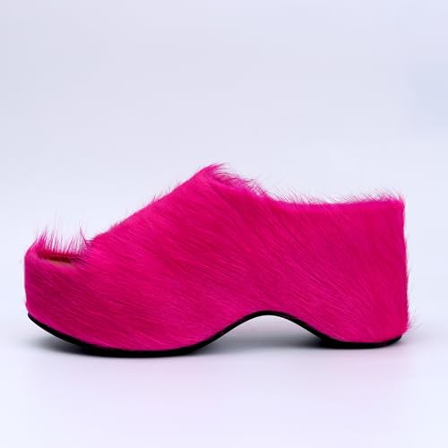 Image of XOBZJH Long-Hair Calfskin Chunky Clog Slide for Women - Memory Foam Luxury Slip on Shoes Women's Mules & Platform Clogs,Designer Mules for Women 2025
