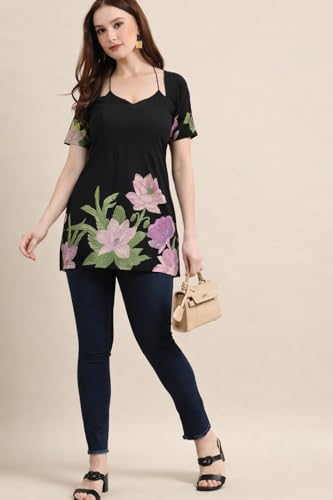 Image of Women's Floral Pure Cotton V-Neck Short Kurti (Has Lining) | Lightweight Short Sleeve Tunic | Breathable Stylish Casual & Office Wear Top