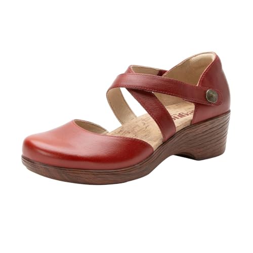 Image of Alegria Womens Savina Leather Wedge - Stylish and Versatile Mary Jane for Endless Support - Enhanced Arch Slip Resistant Platform Ankle Cross Strap Heel for Professionals
