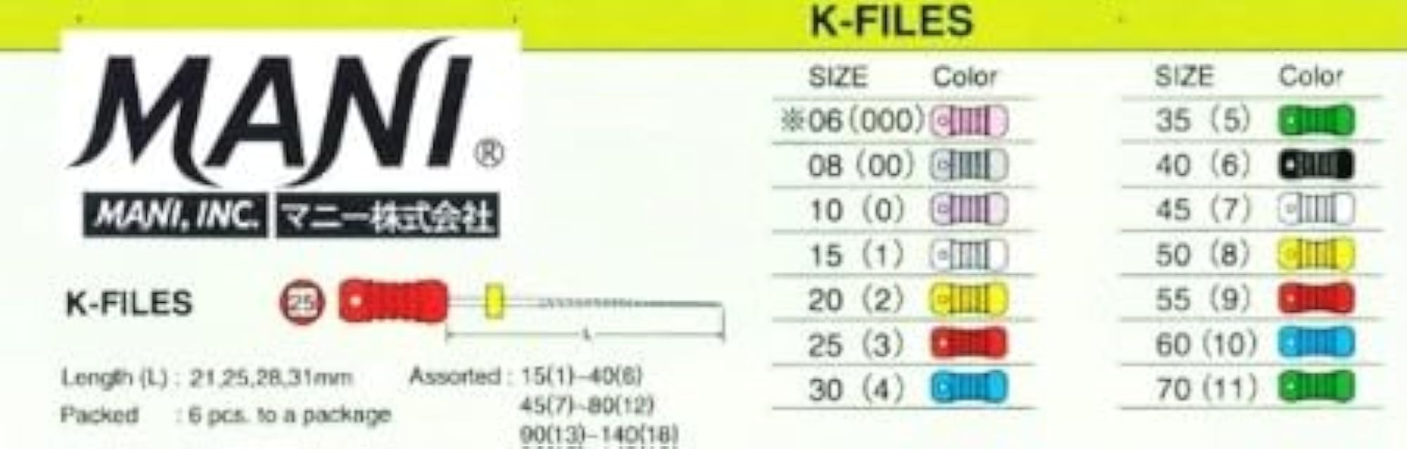 K-Files Endodontic Root Canal Files, Stainless Steel, 25mm Length, Pack of 6