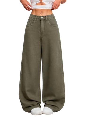 QGRSWBC Womens Wide Leg Jeans Baggy Mid Waist Denim Pants Army Green