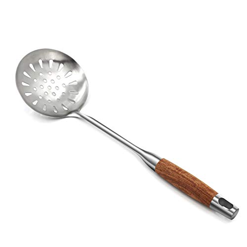 YYP Skimmer Slotted Spoon Durable Rustproof Integral Forming 304 Stainless Steel Slotted Serving Spoon with Heat Resistant Wooden Handle Heavy Duty Cooking Strainer Spoon for Kitchen 158 Inch
