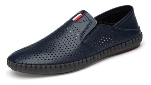 Mens Leather Cut Out Breathable Loafers Fashion Round Toe Slip On Soft Solewalking Flats Sandals Formal Business Casual Comfortable Work Shoes