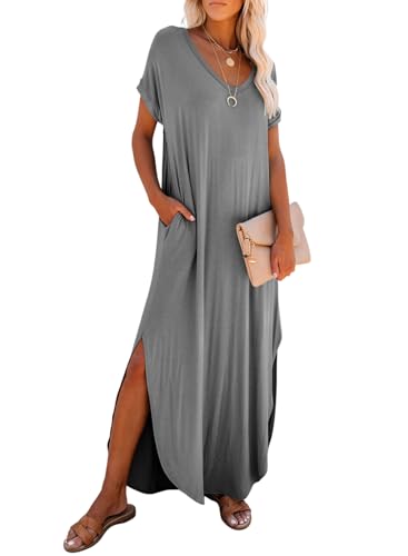 Image of Dokotoo Summer Dresses for Women 2026 Casual Maxi Dress V Neck Cap Sleeve Long Sundress with Pockets Beach Vacation