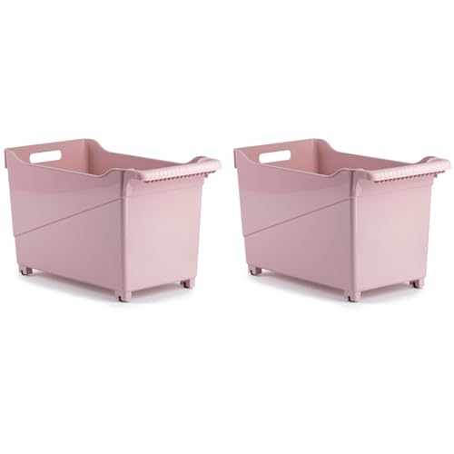 Tradineur - Pack de 2 Carritos de plástico con Ruedas y asa - N.º 2 - Cesta Organizadora para Productos de Limpieza, Baño, Cocina - Color Rosa Pastel