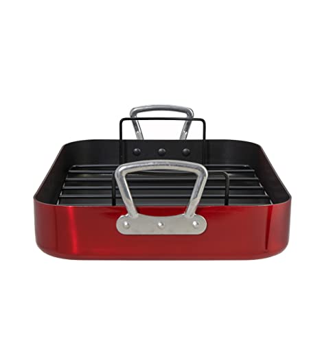 Servappetit 20 Lb. Roasting Pan With Rack, Non-Stick, Hard-Anodized With Teflon-Coating, 15 5/8 In X 12 In X 2 6/8-In, Red #TOP1