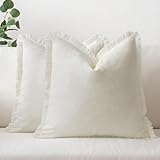 MIULEE Throw Pillow Covers Boho Farmhouse 18x18 Set of 2 Decorative Cream White Couch with Fringe Chic Cotton Pillowcases Home Decor Accents for Spring Cushion Soft Bed Living Room