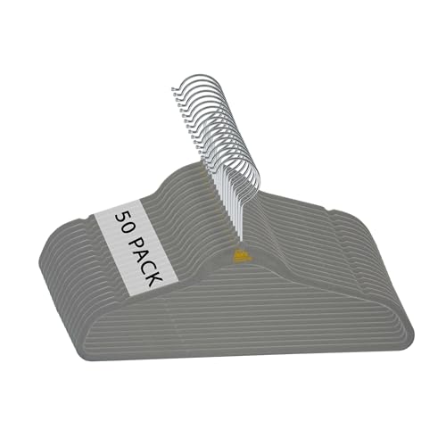 Simplify 50 Pack Kids Velvet Hangers | Slim | Non-Slip Design | Space Saving | Childrens Clothes | Shirts | Pants | Dresses | Baby Nursery | Closet Storage & Organization | Light Grey