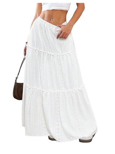 SweatyRocks Women's Ruffle Frill Tiered Eyelet Embroidery Elastic Waist Boho Maxi Skirts