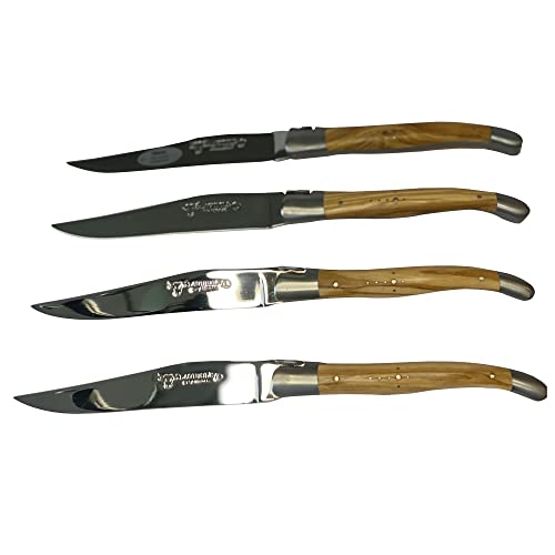 Laguiole En Aubrac Luxury Fully Forged Full Tang Stainless Steel Steak Knives 4-Piece Set With Olivewood Handle, Stainless Steel Matte Bolsters #TOP2