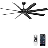 Ohniyou Ventilador de teto de 182 cm sem luz - controle remoto e aplicativo, ventiladores de teto industriais grandes com 8 lâminas de alumínio, motor CC silencioso para sala de estar, coberto ao ar