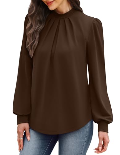 Image of WIHOLL Long Sleeve Shirts for Women Mock Neck Tops Pleated Front Blouses Dressy Casual Spring Fall Clothes 2026 Fashion