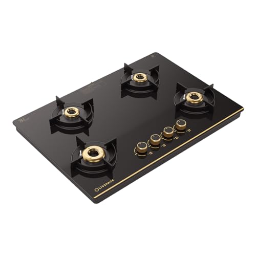 Image of Livspace Intellia 4 Burner Gas Stove | Auto Ignition | Premium Glass Top with Gold Themed knobs | 2 years Warranty | ISI Certifed | Full Brass Burners | 6 mm Toughened Glass | LPG & PNG