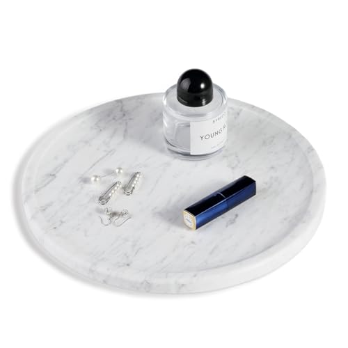 Natural Marble Serving Tray, 11.8in Round, Carrara Marble, Bathroom/Kitchen/Coffee Table Tray for Counter, Decorative Vanity for Catchall, Fruit and Snack