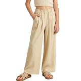 Rolanko Mädchen-Hose mit Weitem Bein, Fließender Paperbag Stil Elastische Taille Sommer Palazzo Hose mit Taschen für lockere Passform, Khaki, 13-15 Jahre/170