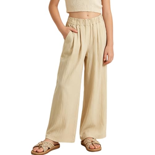 Pantalon évasé filles taille haute fluide et palazzo en coton d'été avec poches