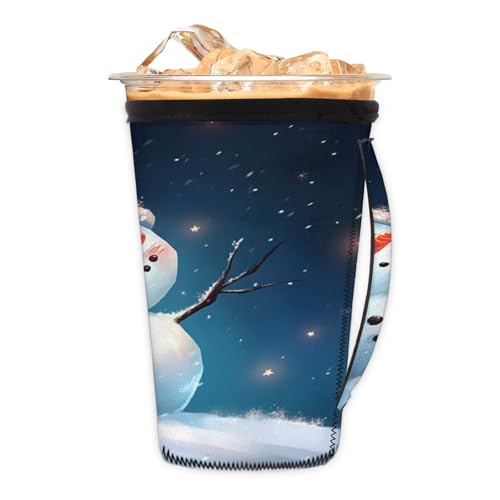 Snowman Night Reusable Neoprene Coffee Sleeve with Handle Insulated Iced Coffee Cup Holder Reduces Condensation Fits 24-28 oz Cups M