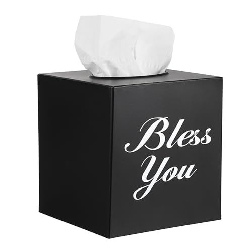 Sumnacon Tissue Box Cover Square, Bless You Tissue Holders, Decorative Tissue Box Holder Open Bottom, Cube Metal Tissue Cover for Bathroom, Bedroom, Living Room, Office, Tabletop, Gift Option, Black