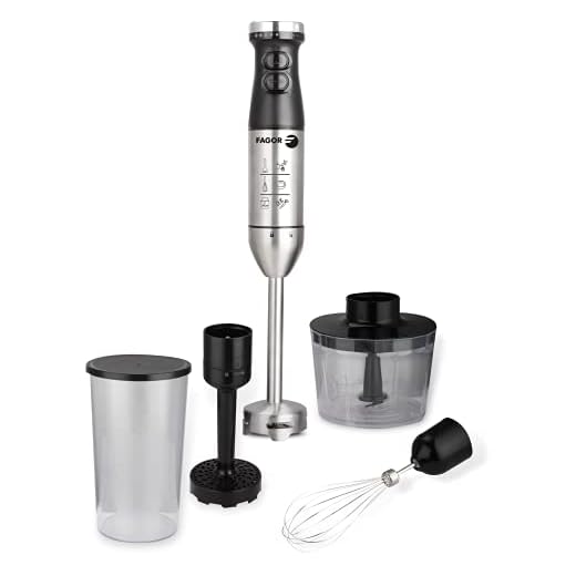 Fagor Batidora de mano DIVAMIX Plus 800W de potencia. Incluye 4 accesorios: Vaso medidor 700ml, minicpicadora de 500ml, Varillas emulsionadoras y pasapurés. Pie desmontable de acero inoxidable.