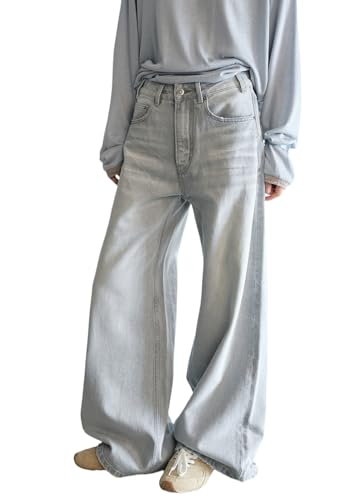 Women's Cinch Baggy, Wide Straight Leg High Rise Washed White Denim Jeans