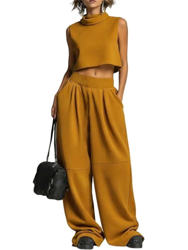 Women Sleeveless Two Piece Set High Neck Crop Top Wide