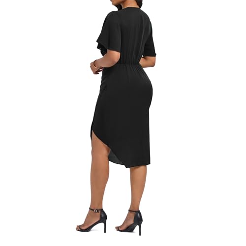 Women's Short Sleeved Wrap V Neck Ruched Dress Side Zipper Elastic Waist Dresses for Summer Work Formal Cocktail4