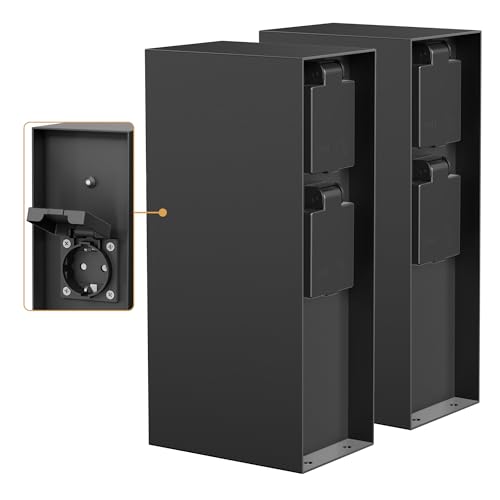 ledscom.de 2 pièces Colonne de Prises de Courant de Jardin POMI pour l'extérieur, IP44, capteur crépusculaire, 3X, Acier Inoxydable, Noir, carré, 23 cm
