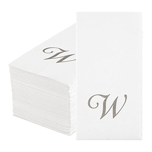 Luxenap 15.8 X 7.9 Inch Linen-Feel Guest Towels, 2000 Disposable Striped Hand Towels - Silver Letter 'W', Cursive Font, White Paper Dinner Napkins, airlaid, For Restrooms And Tables - Restaurantware