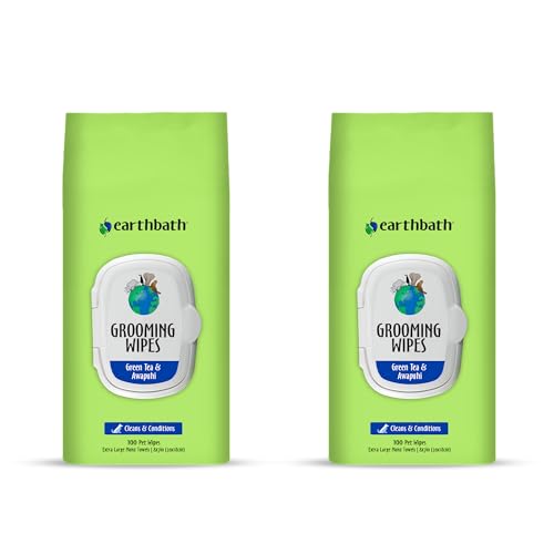 earthbath, Green Tea & Awapuhi Grooming Wipes - Dog Wipes for Paws and Butt, Best Pet Wipes for Dogs & Cats, Made in USA, Cruelty-Free Dog Cleaning Wipes, Removes Dirt & Dander - 100 Count (2 Pack)