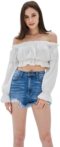 GenericWomen's Sexy Off Shoulder Long Sleeve Shirt Ruffle Trim Blouses Crop Top