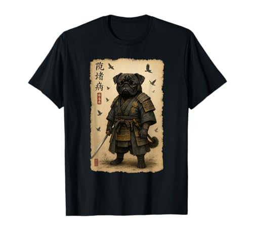 Black Pug Samurai Art Japanese Vintage T-Shirt