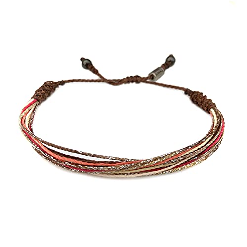 Surfer String Bracelet in Brown, Coral, Hot Pink and Yellow - Handmade Pull Cord Adjustable Woven Stacking Surf Thread Bracelets for Men and Women by Rumi Sumaq