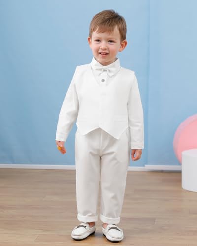 Image of YALLET Baby Boy Clothes Suit 0-24 Months Infant Gentleman Outfits Formal Dress Shirt+Bowtie+Vest+Pants Set Baby Wedding Suits