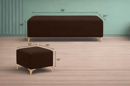 Image of Adorn India Premium Luster 8 Seater L Shape Sofa Set with 2 Puffy & 1 Center Table | Velvet Suede Fabric | 3-Year Warranty | RHS | Brown with Golden Legs & Striped Pattern Cushion