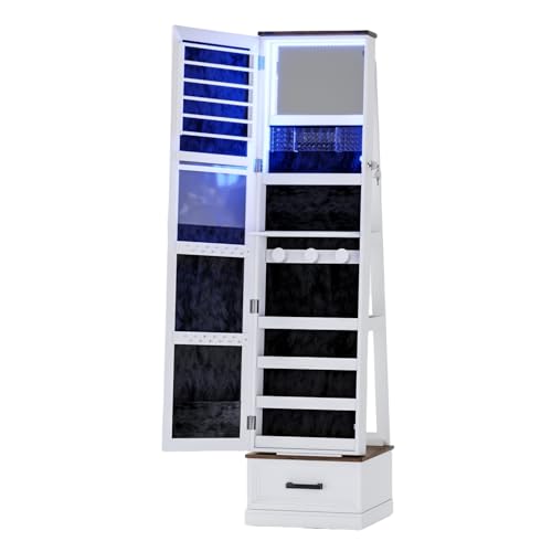 SEVOBAL Jewelry Armoire, Standing Jewelry Cabinet with Full-Length Mirror, Bottom Wheels & Built-In Makeup Mirror, 63'' Standing Makeup Mirror with LED Light, Secure Lock & Storage Shelves, White