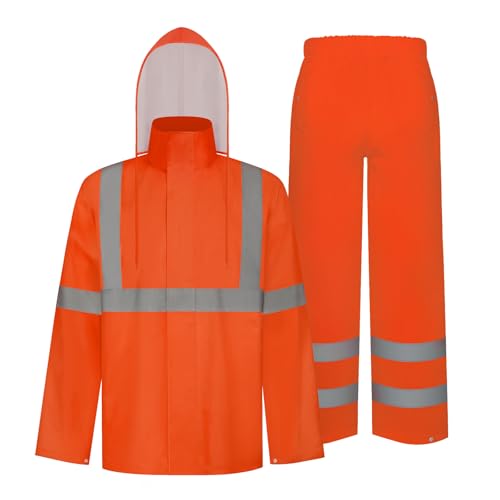 Image of TCCFCCT High Vis Rain Jacket and Pants Rain Suits for Men Waterproof, Hi Vis Rain Coat for Men Women with Hood, High Visibility Rain Gear Reflective for Safety Work & Outdoor Activities, S-M Orange WP