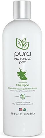 Pura Naturals Pet Organic Nourishing Unscented Oatmeal and Aloe Shampoo 16oz Made with Organic Oils-Chemical Free and Safe for your Dog's Coat-Relieves itching EcoFriendly Human Safe Made in the USA