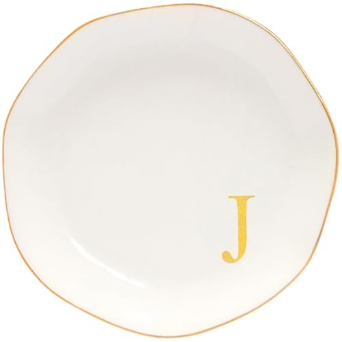 Image of Ceramic Jewelry Tray Initial Ring Dish Personalized J-Monogrammed Engagement Wedding Gifts, for Birthday Mother's Day Christmas for Women, Ceramic White 4.75 inch (J)