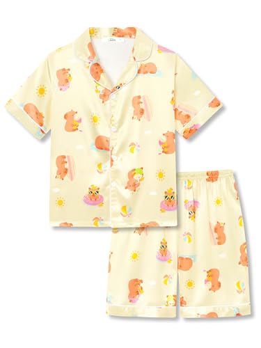 Tebbis Girls 2 Piece Pajama Set - Short Sleeve Silky Soft Sleepwear Capybara Summer Printed Loungewear Size 10