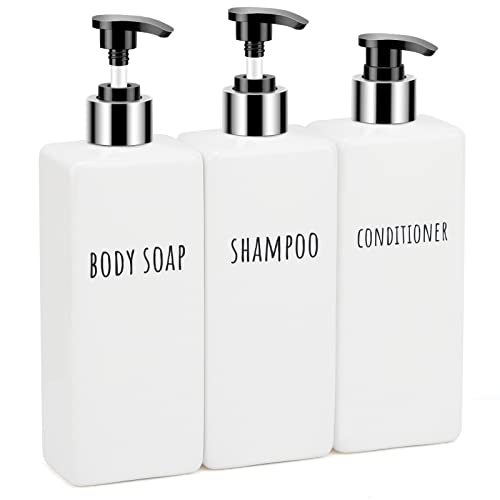 Segbeauty Square Soap Dispenser Refillable, 3pcs 500ml Plastic Pump Bottles, 16.9oz Empty Reusable Modern Bathroom Kitchen Liquid Container Set for Dispensing Shampoo Conditioner Body Soap White by Segbeauty - Used condition - CA$9.40
