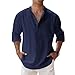 Men's Cotton Linen Henley Shirt Long Sleeve Hippie Tops Casual Beach Blouse Summer Loose Band Collar Basic Tees（Royal Blue,X-Large）